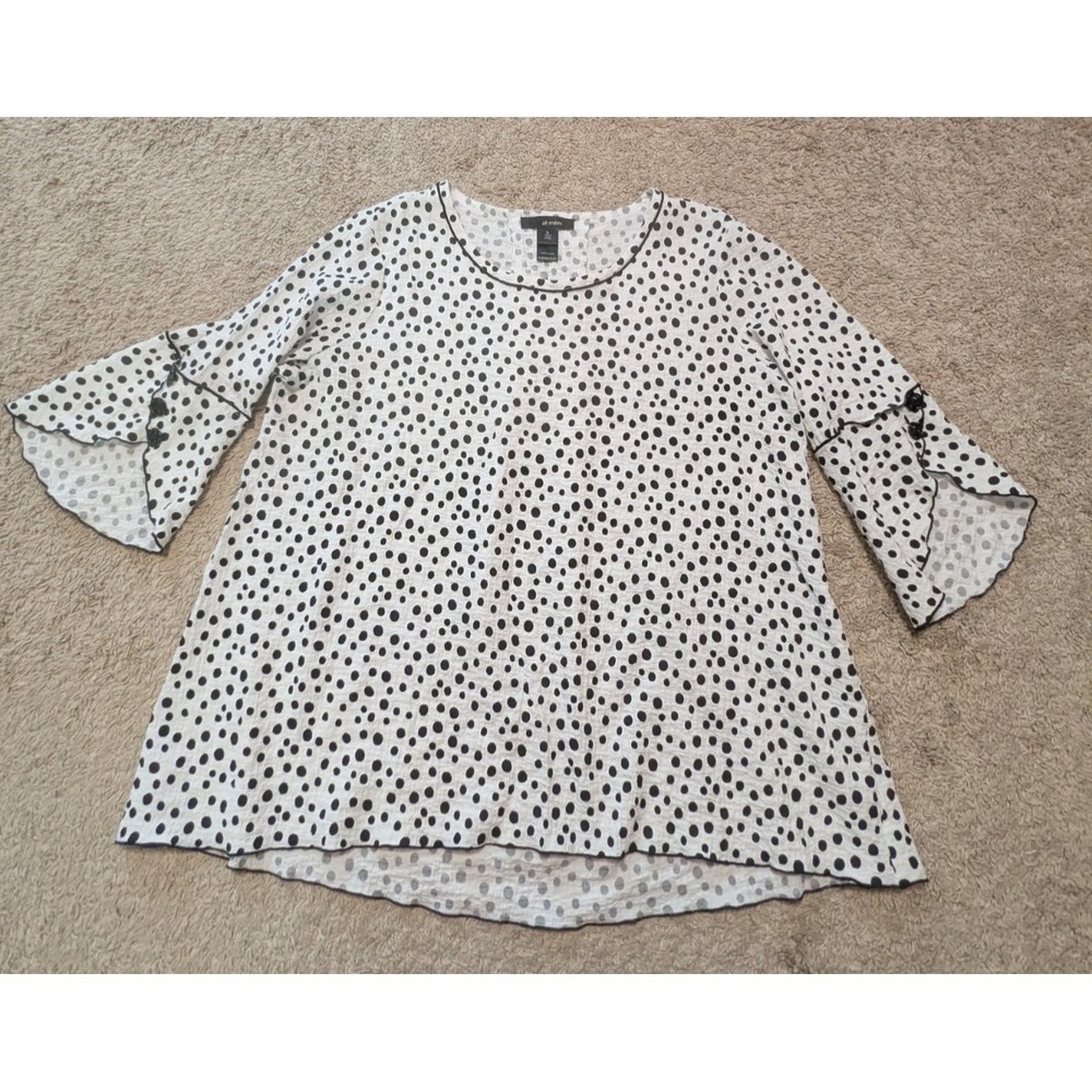 Ali Miles Bell Sleeve Polka Dot Gauze Top Sz XL Black White Lagenlook Art Flower